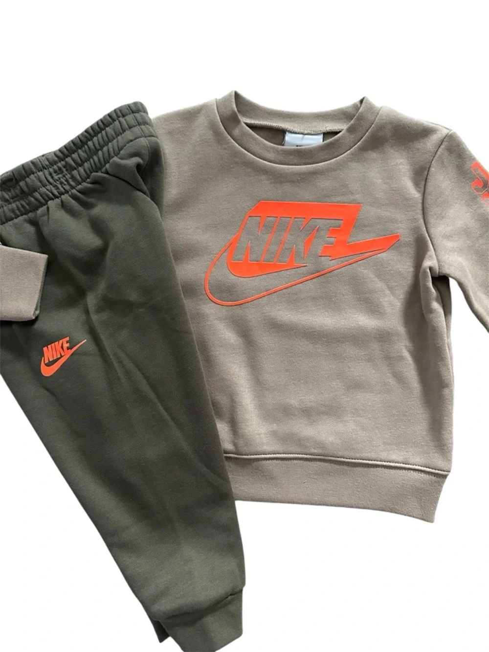 NWT Boys 2T Nike 2PC Sweatshirt & Jogger Set Tan Olive Orange Logo Outfit - Picture 2 of 6